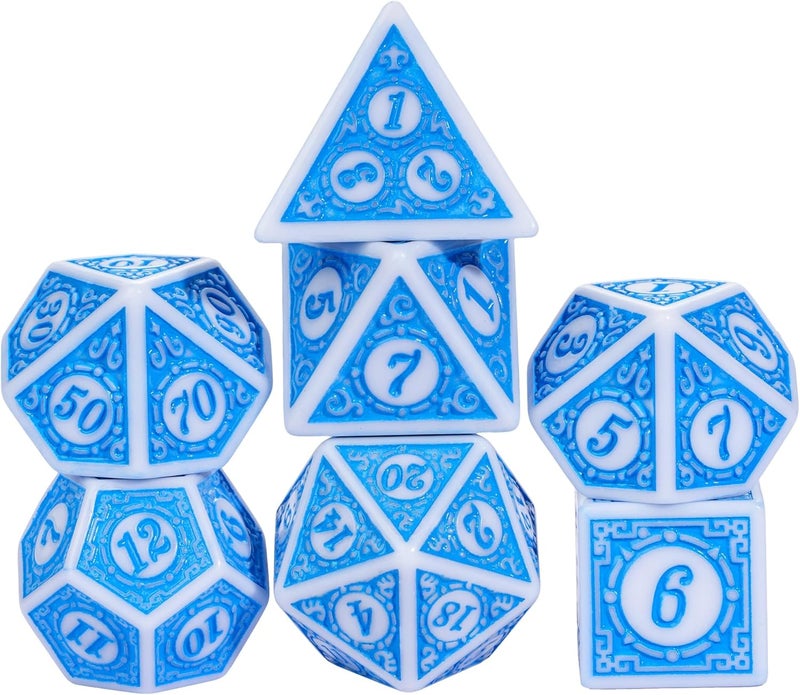 Poludie 7PCs DND Dice Set, Unique Window Lattice Pattern D&D Dice Set with Leather Die Bag, Polyhedral Die for RPG Table Games (Blue/White) - Image 1